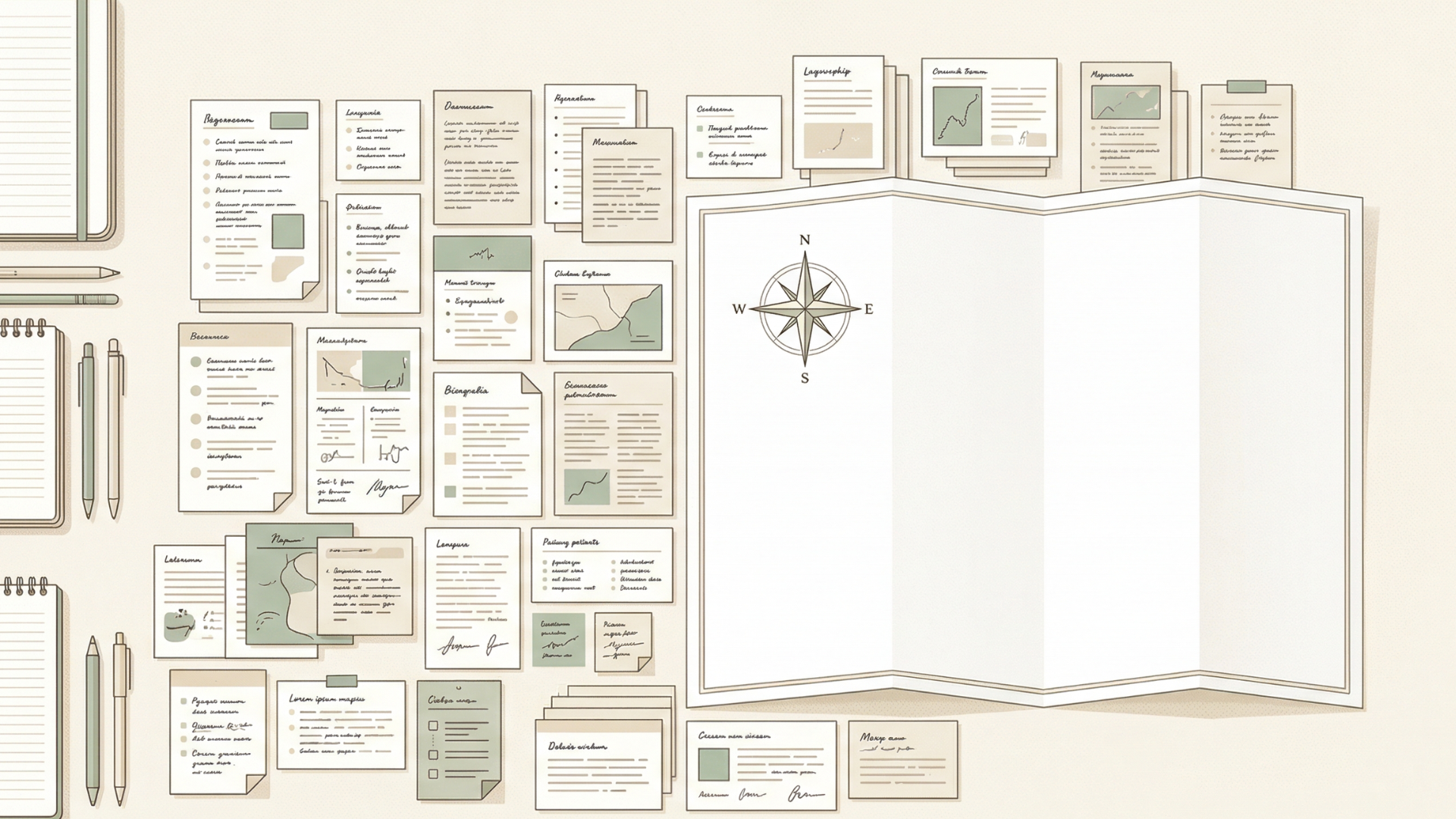 Cards de autoconhecimento preenchidos ao redor de um mapa vazio — tudo que você sabe sobre si, sem a direção que conecta